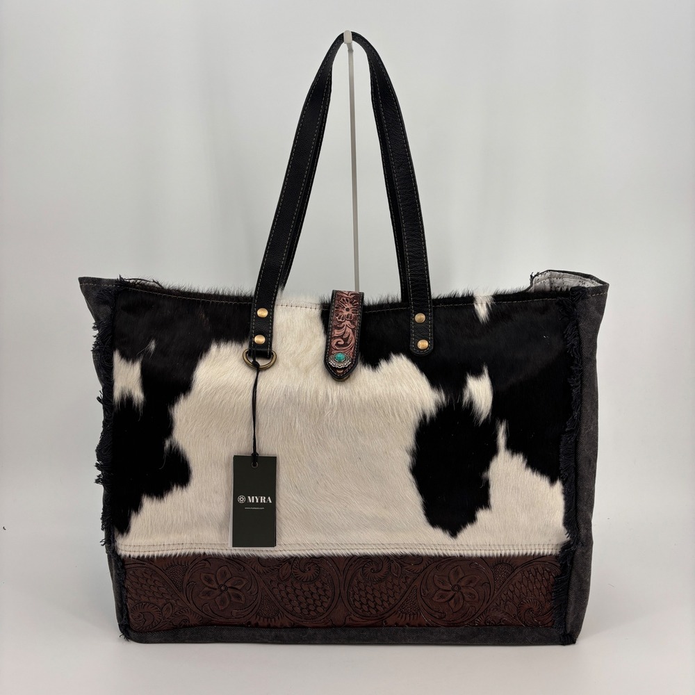 Myra Comely Hand-Tooled Bag Women Large Black White Cowhide Canvas Tote S-5281
